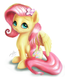 Size: 950x1125 | Tagged: safe, artist:the-park, fluttershy, pegasus, pony, g4, color, cute, female, flower, flower in hair, looking at you, shyabetes, simple background, sitting, solo, white background, wings