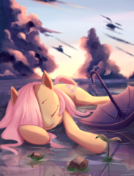 Size: 1519x2000 | Tagged: dead source, safe, artist:gianghanz, fluttershy, pegasus, pony, g4, cloud, cute, eyes closed, female, hair over one eye, lying down, prone, scenery, shyabetes, sky, sleeping, solo, sprout, umbrella, water