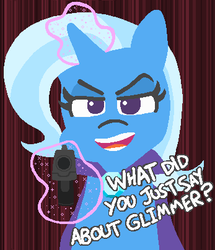 Size: 347x404 | Tagged: safe, artist:threetwotwo32232, trixie, pony, unicorn, g4, cape, clothes, dialogue, female, gun, implied lesbian, implied shipping, implied startrix, levitation, lidded eyes, looking at you, magic, open mouth, solo, telekinesis, trixie's cape, weapon