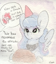 Size: 696x796 | Tagged: safe, artist:slightlyshade, pinkie pie, princess luna, g4, food, fun, pancakes, teaching