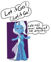 Size: 3384x4104 | Tagged: safe, artist:fauxsquared, trixie, pony, unicorn, trixie is magic, g4, bipedal, clothes, dialogue, dress, elsa, female, frozen (movie), high res, let it go, simple background, solo, white background