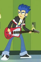 Size: 387x584 | Tagged: safe, screencap, brawly beats, flash sentry, equestria girls, g4, my little pony equestria girls: rainbow rocks, clothes, electric guitar, guitar, jacket, lockers, musical instrument, pants, shoes, sneakers