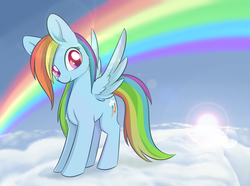 Size: 1767x1316 | Tagged: safe, artist:dusthiel, rainbow dash, pegasus, pony, g4, backwards cutie mark, cloud, colored pupils, female, lens flare, long mane, looking at you, mare, on a cloud, outdoors, rainbow, smiling, smiling at you, solo, spread wings, sun, wings