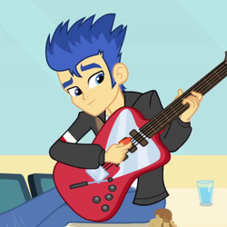 Size: 300x300 | Tagged: safe, screencap, flash sentry, equestria girls, g4, apple fritter (food), clothes, cup, electric guitar, food, glass of water, guitar, helping twilight win the crown, jacket, musical instrument, pants