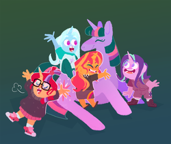 Size: 1280x1081 | Tagged: safe, artist:stevetwisp, moondancer, starlight glimmer, sunset shimmer, trixie, twilight sparkle, horse, equestria girls, g4, chibi, converse, counterparts, cute, eyes closed, female, gradient background, happy, head down, hoers, horn, horned humanization, magical quintet, mare, shoes, smiling, squatting, twilight sparkle (alicorn), twilight's counterparts