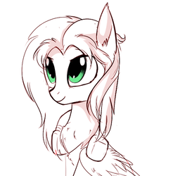 Size: 504x513 | Tagged: safe, artist:aureai-sketches, oc, oc only, oc:mellow rhythm, pegasus, pony, chest fluff, cute, ear fluff, fluffy, green eyes, headphones, male, simple background, sitting, sketch, smiling, solo, stallion, white background, wing fluff