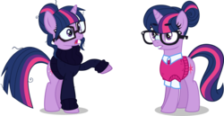 Size: 9000x4644 | Tagged: safe, artist:limedazzle, artist:orin331, moondancer, sci-twi, twilight sparkle, pony, unicorn, g4, absurd resolution, alternate universe, clothes, glasses, moondancer's sweater, raised hoof, show accurate, simple background, surprised, sweater, transparent background, unicorn sci-twi, unicorn twilight, vector