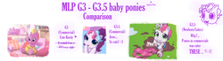 Size: 2393x656 | Tagged: safe, edit, edited screencap, screencap, rarity (g3), sweetie belle (g3), g3, g3.5, newborn cuties, over two rainbows, comparison, cute, g3 diasweetes, g3 raribetes, g3betes