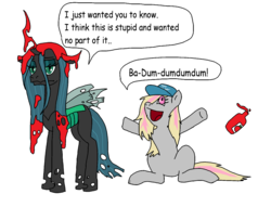 Size: 1853x1413 | Tagged: safe, artist:canola-skies, queen chrysalis, oc, oc:canola skies, changeling, earth pony, pony, g4, bad pun, dialogue, food, opencanvas, pun, sauce, simple background, white background