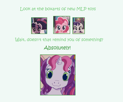 Size: 1600x1324 | Tagged: safe, pinkie pie, rarity, sweetie belle (g3), twilight sparkle, alicorn, pony, g3, g3.5, g4, box art, comparison, simple background, twilight sparkle (alicorn)