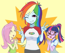 Size: 2806x2285 | Tagged: safe, artist:manmaru00, fluttershy, rainbow dash, sci-twi, twilight sparkle, equestria girls, g4, ^^, blushing, breasts, busty rainbow dash, eyes closed, female, glasses, happy, high res, one eye closed, open mouth, peace sign, pixiv, trio, wink