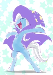 Size: 2893x4092 | Tagged: safe, artist:manmaru00, trixie, pony, unicorn, g4, abstract background, bipedal, cape, clothes, cute, diatrixes, eyes closed, female, happy, hat, high res, mare, open mouth, open smile, pixiv, pose, smiling, solo, standing, trixie's cape, trixie's hat, volumetric mouth