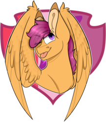 Size: 1249x1440 | Tagged: safe, artist:hostile-elf, scootaloo, pegasus, pony, g4, bust, cutie mark background, female, portrait, simple background, solo, tongue out, transparent background