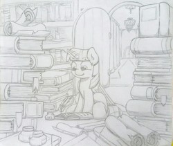 Size: 1280x1081 | Tagged: safe, artist:ljdamz1119, twilight sparkle, alicorn, pony, g4, book, bookhorse, female, quill, scroll, sketch, solo, traditional art, twilight sparkle (alicorn)