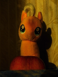 Size: 3456x4608 | Tagged: safe, artist:mfg637, applejack, earth pony, pony, g4, apple, female, food, high res, irl, light and dark, looking at you, mare, photo, photography, plushie, solo, sun light