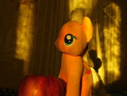 Size: 4608x3456 | Tagged: safe, artist:mfg637, applejack, earth pony, pony, g4, apple, female, food, high res, irl, light and dark, mare, photo, photography, plushie, solo, sun light