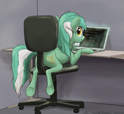Size: 800x735 | Tagged: safe, artist:el-yeguero, lyra heartstrings, earth pony, pony, unicorn, chair, computer, female, laptop computer, looking back, mare, missing horn, office chair, programming, smiling, solo, sublime text, table, underhoof