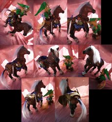 Size: 1024x1120 | Tagged: safe, artist:lightningsilver-mana, earth pony, horse, pony, breyer, crossover, customized toy, epona, female, horse-pony interaction, irl, link, mare, photo, ponies riding ponies, ponified, riding, the legend of zelda, toy