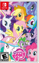 Size: 1280x2072 | Tagged: safe, edit, editor:mrdoctorderpy, applejack, fluttershy, pinkie pie, princess cadance, princess celestia, princess luna, rainbow dash, rarity, spike, twilight sparkle, alicorn, dragon, pony, g4, box art, e rating, esrb, mane seven, mane six, nintendo switch, twilight sparkle (alicorn)