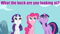 Size: 720x405 | Tagged: safe, edit, edited screencap, screencap, pinkie pie, rarity, twilight sparkle, earth pony, pony, unicorn, g4, read it and weep, image macro, looking up, meme, purple text, trio, unicorn twilight