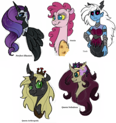 Size: 900x956 | Tagged: safe, artist:sweetheart-arts, oc, oc only, oc:ataxia, oc:lord tiash, oc:perfect illusion, oc:princess radiance, oc:queen arthropoda, oc:queen nebulosa, alicorn, centaur, changeling, changeling queen, draconequus, pony, alicorn oc, alternate universe, brown changeling, bust, changeling oc, changeling queen oc, draconequus oc, ethereal mane, female, starry mane, story included