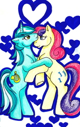 Size: 403x639 | Tagged: safe, artist:skypinpony, bon bon, lyra heartstrings, sweetie drops, g4, female, lesbian, ship:lyrabon, shipping, traditional art