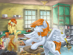 Size: 1854x1400 | Tagged: safe, artist:redheadfly, oc, oc only, oc:dynamo sparks, oc:fuego, pegasus, pony, cabinet, commission, cute, duo, female, fire, indoors, kitchen, looking at each other, mare, mess, mother and daughter, open mouth, sitting, stove