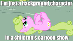 Size: 720x405 | Tagged: safe, edit, edited screencap, screencap, daisy, flower wishes, earth pony, pony, applebuck season, g4, cute, existential daisy, female, frown, image macro, legs in air, mare, meme, nihilism, on back, sad, solo, text