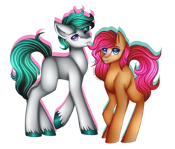 Size: 3192x2725 | Tagged: safe, artist:kurochhi, oc, oc only, earth pony, pony, commission, duo, female, high res, looking at you, male, mare, one eye closed, simple background, smiling, stallion, transparent background, wink