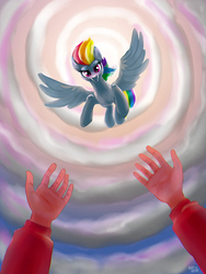 Size: 1200x1600 | Tagged: safe, artist:hardbrony, rainbow dash, human, fanfic:my little dashie, g4, clothes, cloud, duo, female, flying, looking at you, reaching, sky, smiling, solo