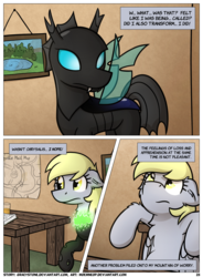 Size: 1400x1900 | Tagged: safe, artist:moemneop, derpy hooves, changeling, pegasus, pony, comic:shifting changelings lies and truths, g4, chair, comic, female, mare, solo, table, transformation