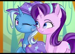 Size: 2692x1938 | Tagged: safe, artist:mp-printer, starlight glimmer, trixie, pony, unicorn, g4, cape, clothes, cute, duo, female, friends, glimmerbetes, hat, looking at each other, mare, one eye closed, raised hoof, smiling, trixie's cape, trixie's hat, wink