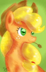 Size: 498x789 | Tagged: safe, artist:chiuuchiuu, applejack, earth pony, pony, g4, bust, female, hay stalk, mare, signature, smiling, solo