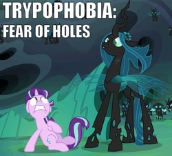 Size: 572x518 | Tagged: safe, edit, edited screencap, screencap, queen chrysalis, starlight glimmer, thorax, changeling, changeling queen, pony, unicorn, g4, to where and back again, caption, changeling guard, changeling officer, duo focus, ears back, faic, fangs, floating, frown, gritted teeth, image macro, looking up, meme, nose wrinkle, phobia, raised hoof, raised leg, scared, scrunchy face, sitting, spread wings, trypophobia