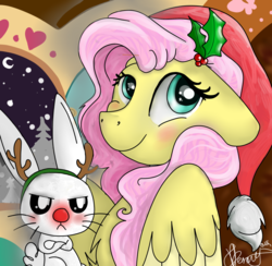 Size: 1024x998 | Tagged: safe, artist:abstractholly, angel bunny, fluttershy, g4, angel bunny is not amused, antlers, blushing, cute, hat, holly, paint tool sai, rudolph nose, santa hat, shyabetes, snow