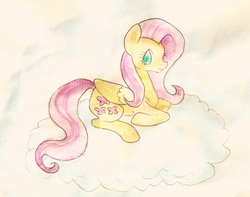 Size: 1024x808 | Tagged: safe, artist:chiuuchiuu, fluttershy, g4, cloud, female, solo, traditional art, watercolor painting