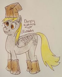 Size: 1160x1440 | Tagged: safe, artist:rapidsnap, derpy hooves, pegasus, pony, g4, female, mare, nightmare night, paper bag, solo, traditional art