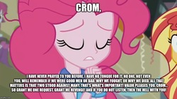 Size: 887x500 | Tagged: safe, edit, edited screencap, screencap, mystery mint, pinkie pie, sunset shimmer, equestria girls, g4, my little pony equestria girls: friendship games, bracelet, caption, conan the barbarian, crom, image macro, jewelry, meme, necktie, pinkie pie praying, praying, text