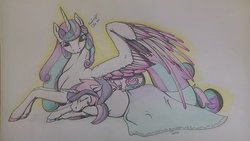 Size: 1024x576 | Tagged: safe, artist:oneiria-fylakas, princess flurry heart, oc, oc only, oc:shiny heart, pony, unicorn, g4, blanket, colored wings, colored wingtips, female, mare, offspring, older, parent:princess cadance, parent:shining armor, parents:shiningcadance, prone, sisters, sleeping, traditional art