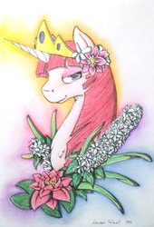 Size: 1024x1502 | Tagged: safe, artist:oneiria-fylakas, oc, oc only, oc:fausticorn, alicorn, pony, bust, crown, flower, flower in hair, jewelry, plant, portrait, regalia, solo, traditional art