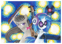 Size: 899x634 | Tagged: safe, artist:kawaii-desudesu, dj pon-3, octavia melody, vinyl scratch, g4, slice of life (episode), traditional art