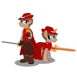 Size: 1600x1600 | Tagged: safe, artist:peternators, oc, oc only, oc:heroic armour, human, pony, unicorn, cape, clothes, hat, human ponidox, humanized, magic, rapier, red mage, self paradox, self ponidox, simple background, sword, transparent background, weapon