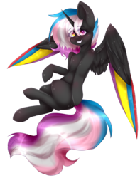 Size: 3145x3985 | Tagged: safe, artist:montyowl, oc, oc only, oc:flaming rainbow, alicorn, pony, alicorn oc, colored wings, female, grin, heterochromia, high res, mare, multicolored wings, simple background, smiling, solo, spread wings, transparent background