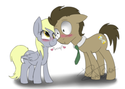 Size: 2000x1420 | Tagged: safe, artist:pucksterv, derpy hooves, doctor whooves, time turner, pegasus, pony, g4, blushing, boop, cute, female, heart, male, mare, necktie, nuzzling, ship:doctorderpy, shipping, simple background, straight, transparent background