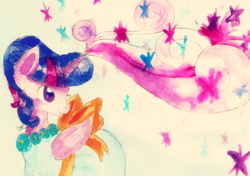 Size: 1024x719 | Tagged: safe, artist:chiuuchiuu, twilight sparkle, alicorn, pony, g4, make new friends but keep discord, clothes, dress, female, folded wings, gala dress, magic, solo, traditional art, twilight sparkle (alicorn), watercolor painting, wings