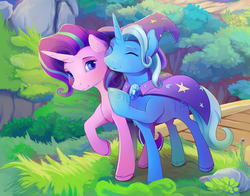 Size: 2100x1650 | Tagged: safe, artist:viwrastupr, starlight glimmer, trixie, pony, unicorn, g4, bridge, cape, close-up, clothes, colored pupils, duo, duo female, eyes closed, female, friends, grass, hat, lesbian, mare, raised hoof, ship:startrix, shipping, smiling, trixie's cape, trixie's hat, unshorn fetlocks