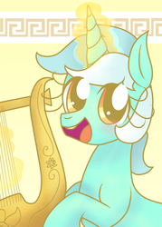 Size: 600x840 | Tagged: safe, artist:glitterclamopera, lyra heartstrings, g4, female, glowing horn, harp, horn, magic, musical instrument, solo