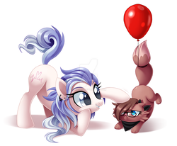 Size: 1600x1317 | Tagged: safe, artist:centchi, oc, oc only, cat, earth pony, pony, balloon, eyeshadow, female, heart eyes, makeup, mare, simple background, watermark, white background, wingding eyes