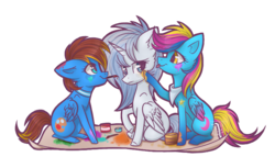 Size: 818x500 | Tagged: safe, artist:monogy, oc, oc only, alicorn, pegasus, pony, alicorn oc, female, mare, mouth hold, paint, paintbrush, paper, simple background, tongue out, transparent background