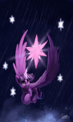 Size: 1078x1792 | Tagged: safe, artist:insanerobocat, twilight sparkle, alicorn, pony, g4, cutie mark, female, flying, glowing horn, horn, large wings, magic, open mouth, rain, smiling, solo, twilight sparkle (alicorn), wings